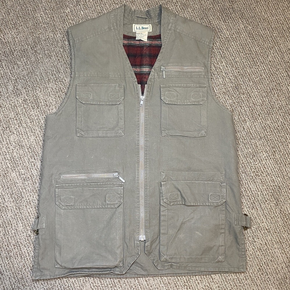 VTG LL Bean Womens M Flannel Lined Fishing Vest Safari Photograph Full Zip